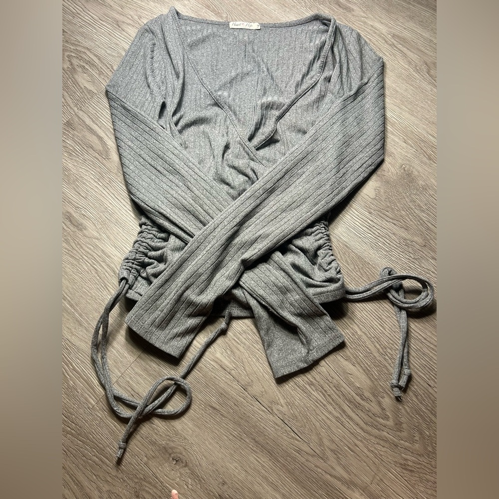 Gray Ribbed Wrap Top